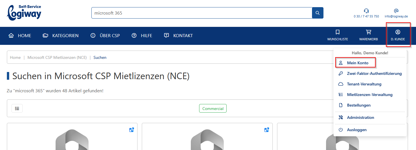 Navigation zu Mein Konto im Self Service-Portal