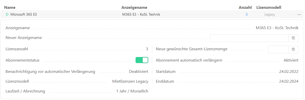Self Service Mietlizenzverwaltung
