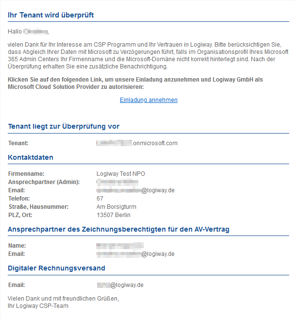 Mail Einladungslink und Autorisierung