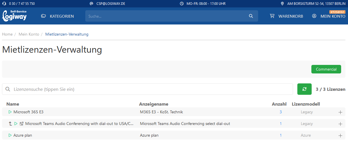 Self Service Mietlizenzverwaltung