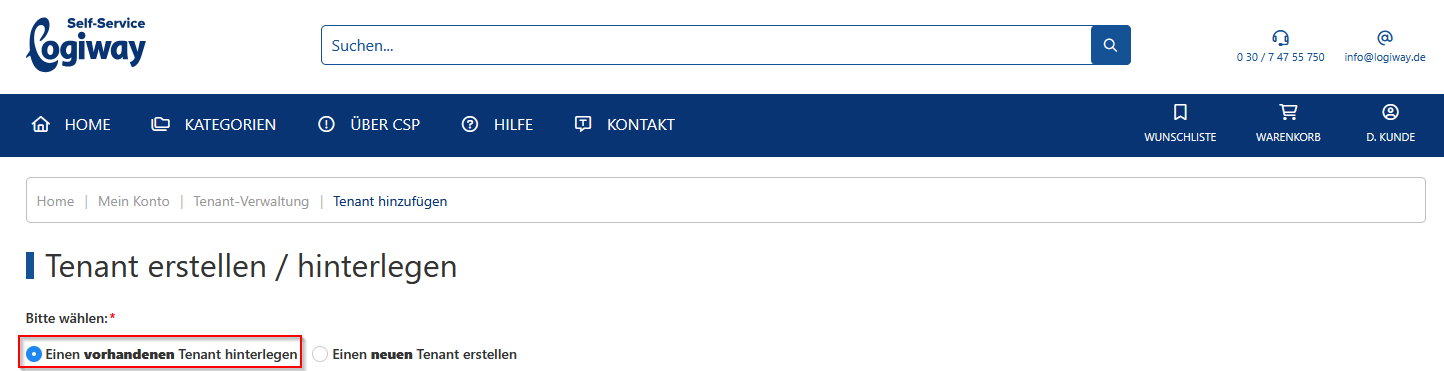 Einen vorhandenen Tenant im SSP hinterlegen